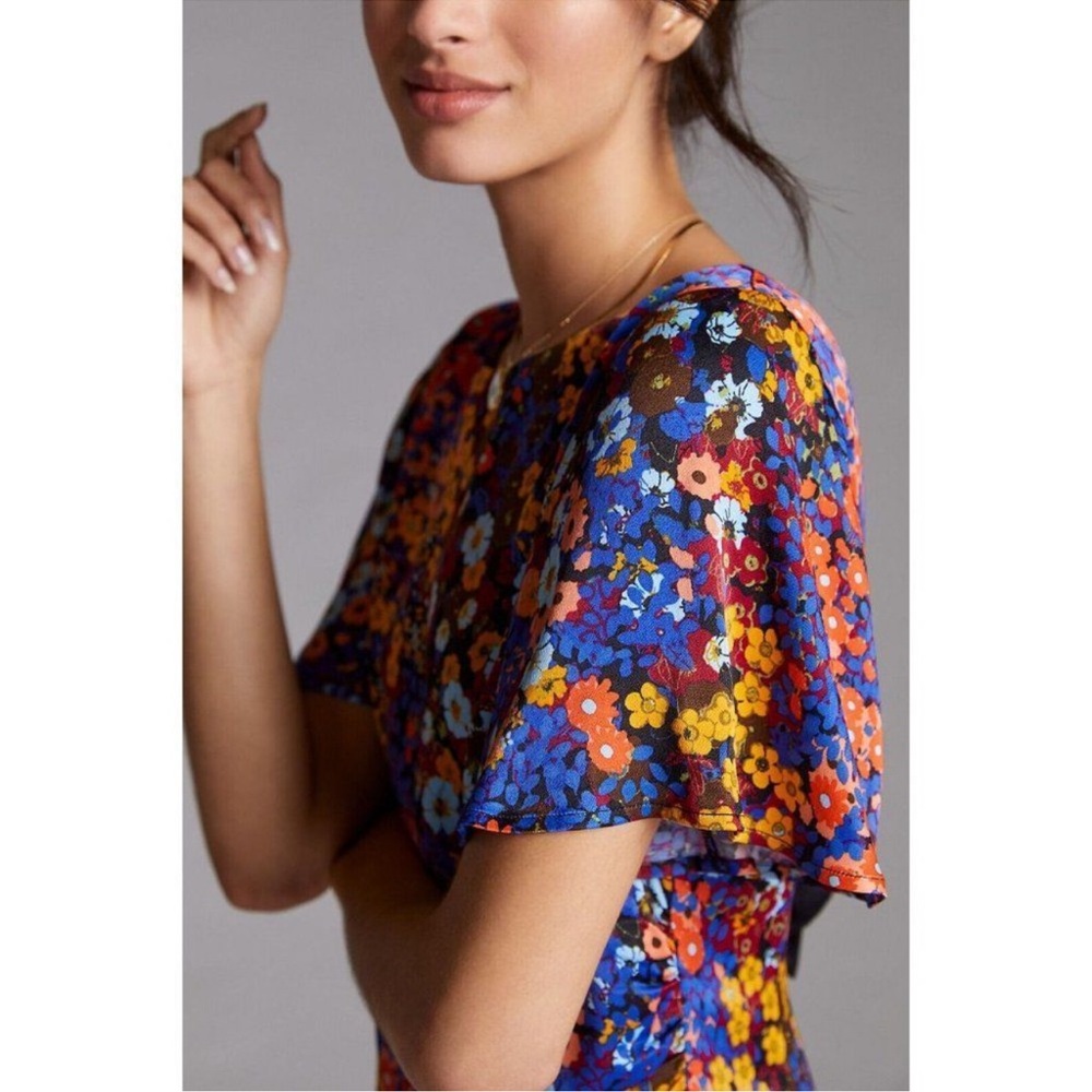 Anthropologie Ruffled Satin Mini Dress Floral Open Low Back Bow 12P - Picture 2 of 16